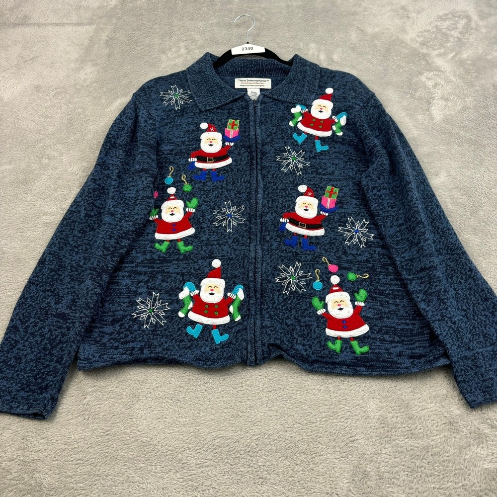 VTG Tiara International Christmas Santa Sweater Women L Blue Ramie Full Zip